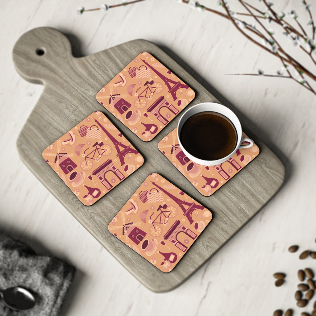 Parisian Pattern Coasters — French Eiffel Tower & Café Cork Drink Coasters