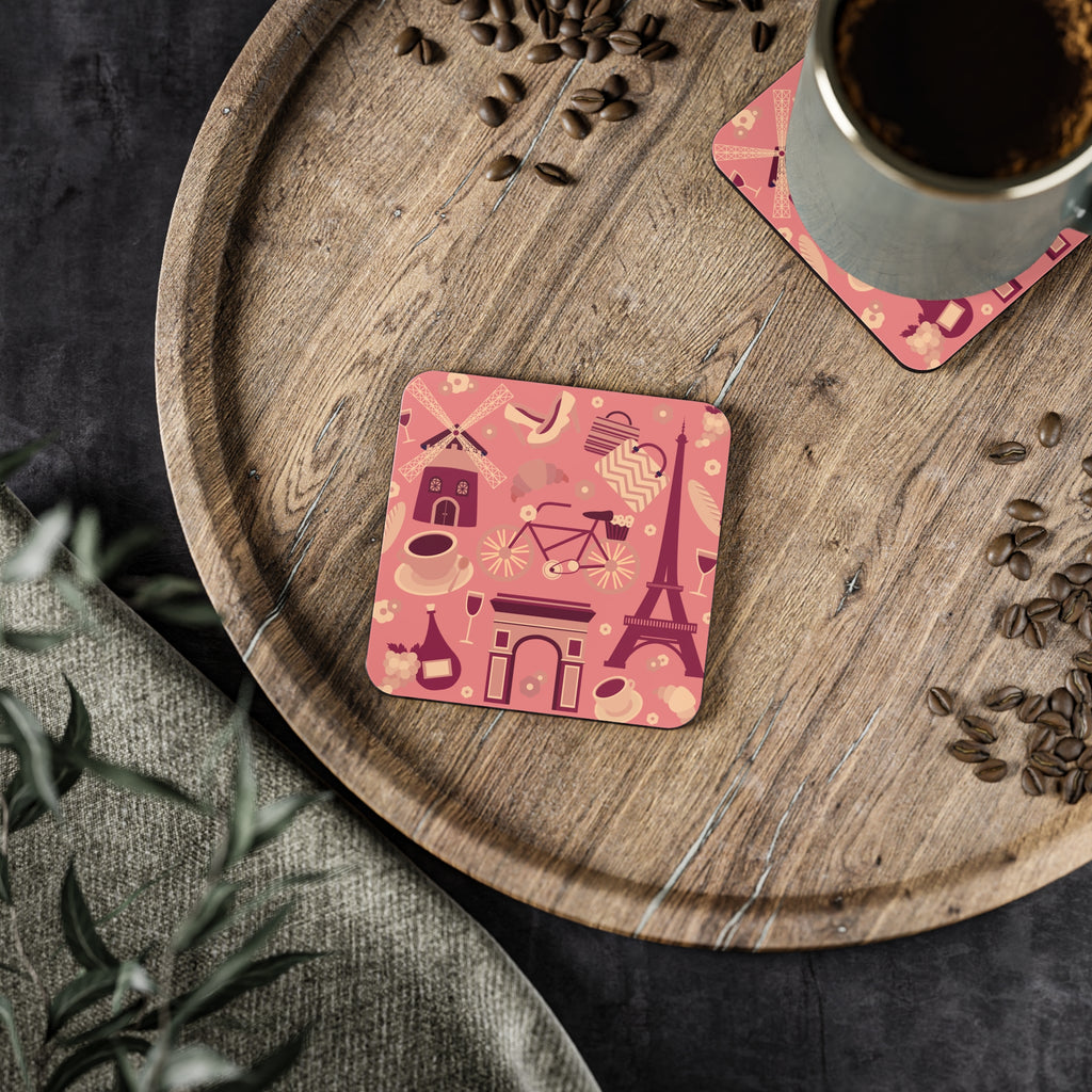 Paris Icons Cork Coaster — Eiffel Tower, Croissant & Café Pattern