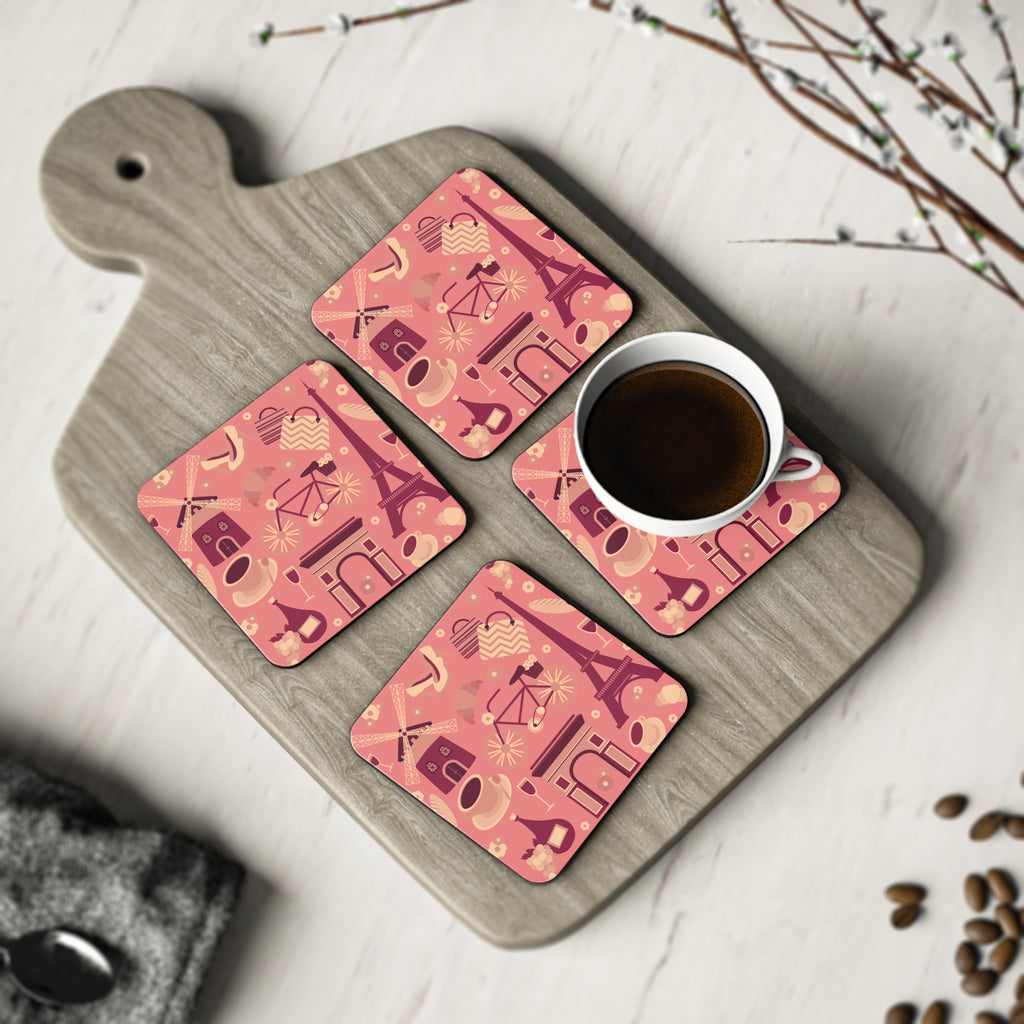 Paris Icons Cork Coaster — Eiffel Tower, Croissant & Café Pattern