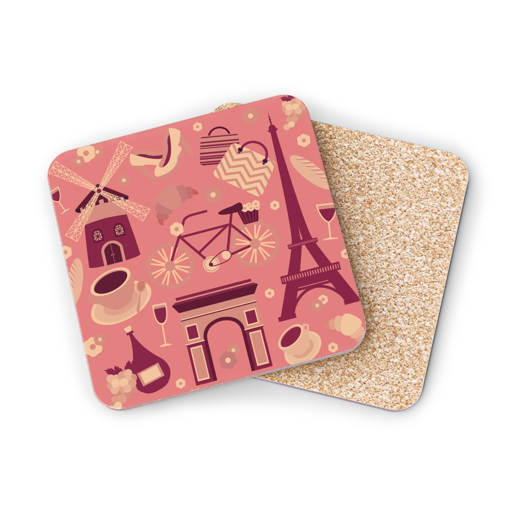 Paris Icons Cork Coaster — Eiffel Tower, Croissant & Café Pattern