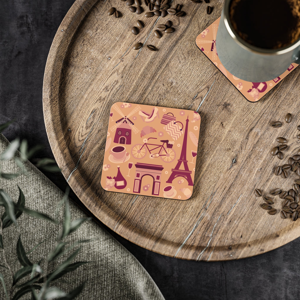 Parisian Pattern Coasters — French Eiffel Tower & Café Cork Drink Coasters