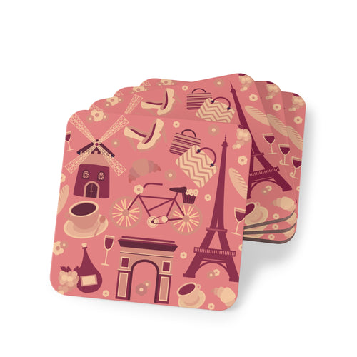 Paris Icons Cork Coaster — Eiffel Tower, Croissant & Café Pattern