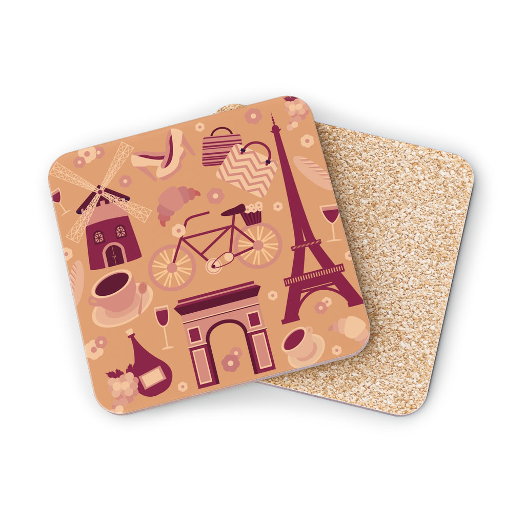 Parisian Pattern Coasters — French Eiffel Tower & Café Cork Drink Coasters