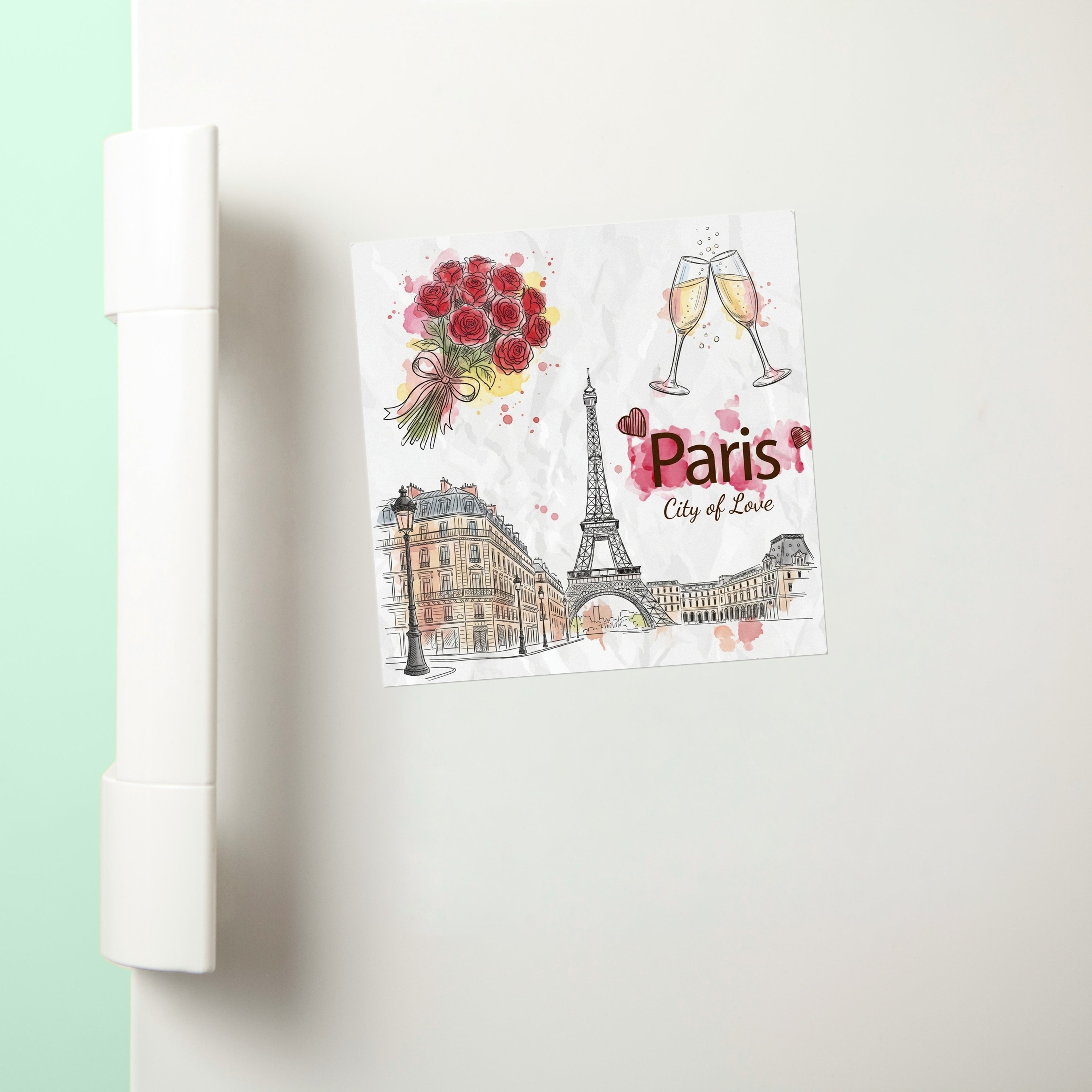 Paris Watercolor Sketch: Eiffel Tower & Champagne - Fridge Magnet