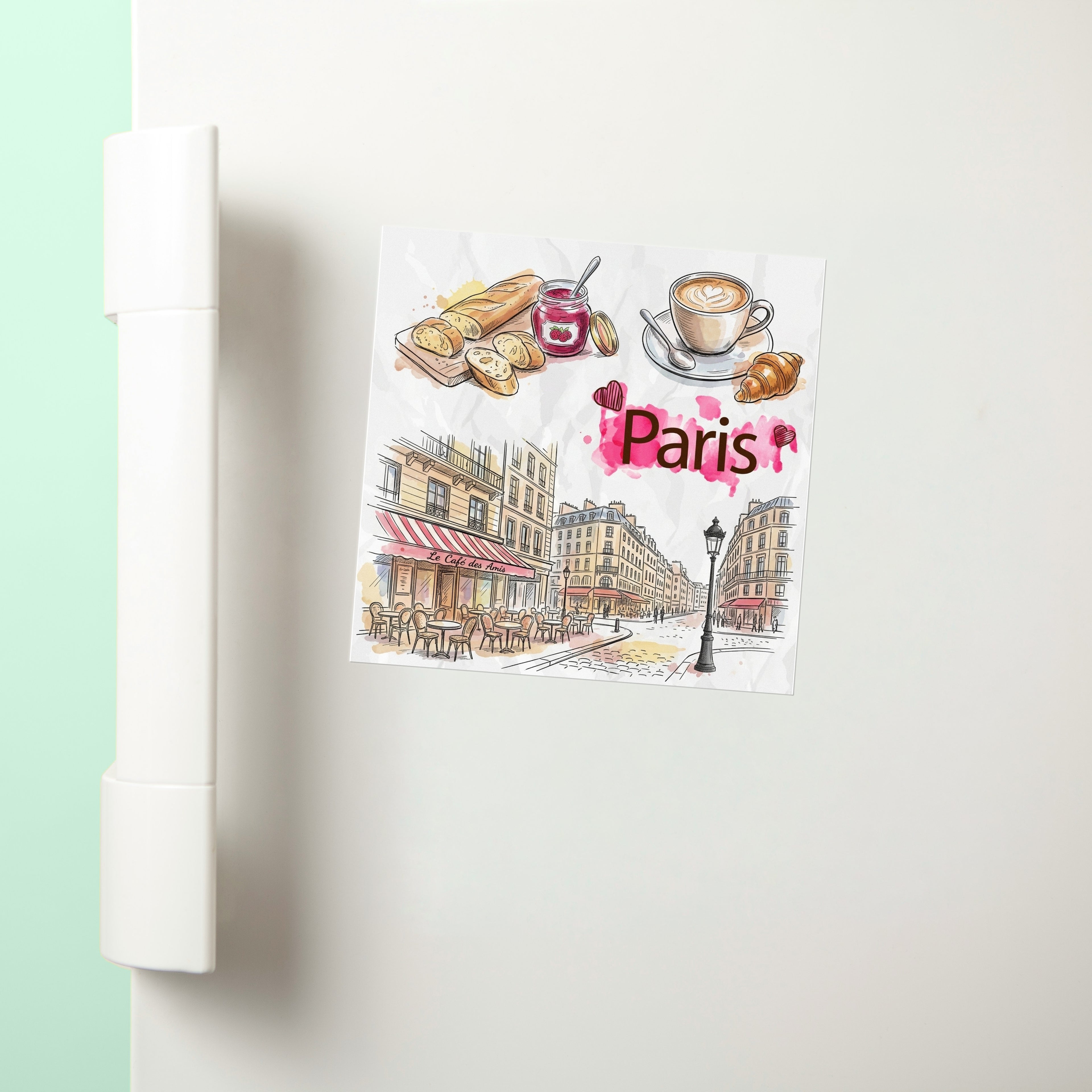 Paris Watercolor Sketch: Café des Amis & Baguettes - Fridge Magnet