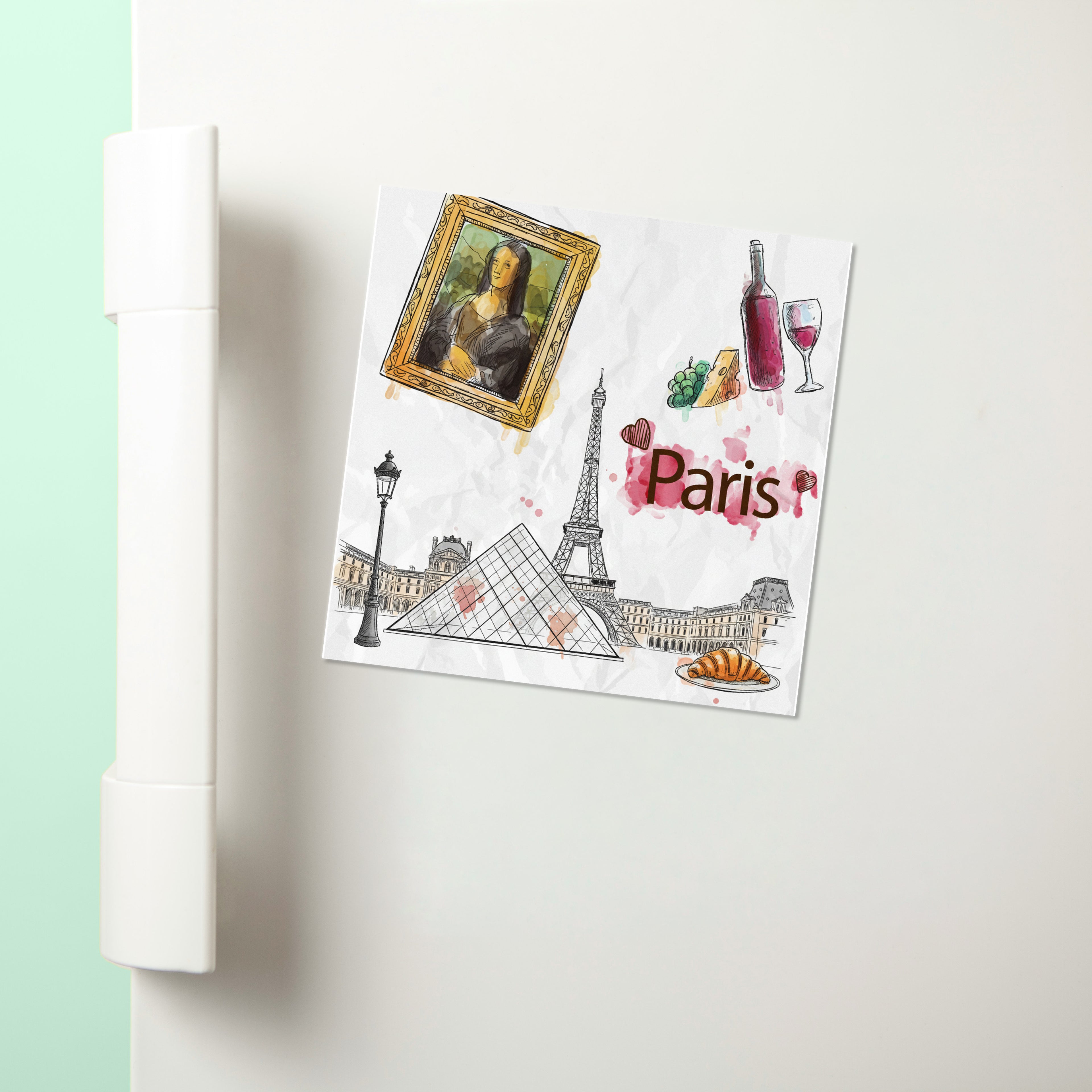 Paris Watercolor Sketch: Eiffel Tower, Louvre & Croissant - Fridge Magnet